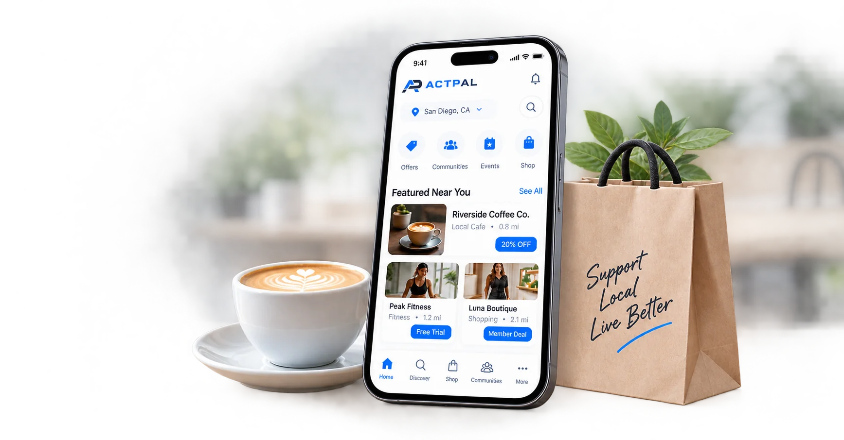 The ACTPAL app, a local café and a shopping bag